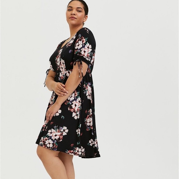 torrid Dresses & Skirts - Torrid black floral studio knit drawstring sleeve dress!